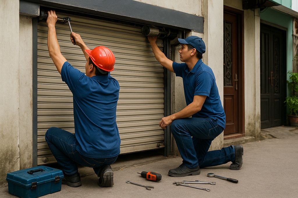 Nhân viên đang sửa cửa cuốn tại tphcm
