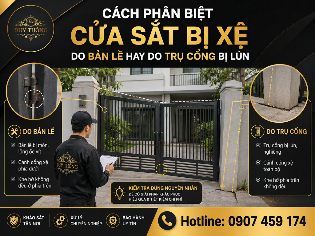 Cách phân biệt cửa sắt bị xệ do bản lề hay do trụ cổng bị lún