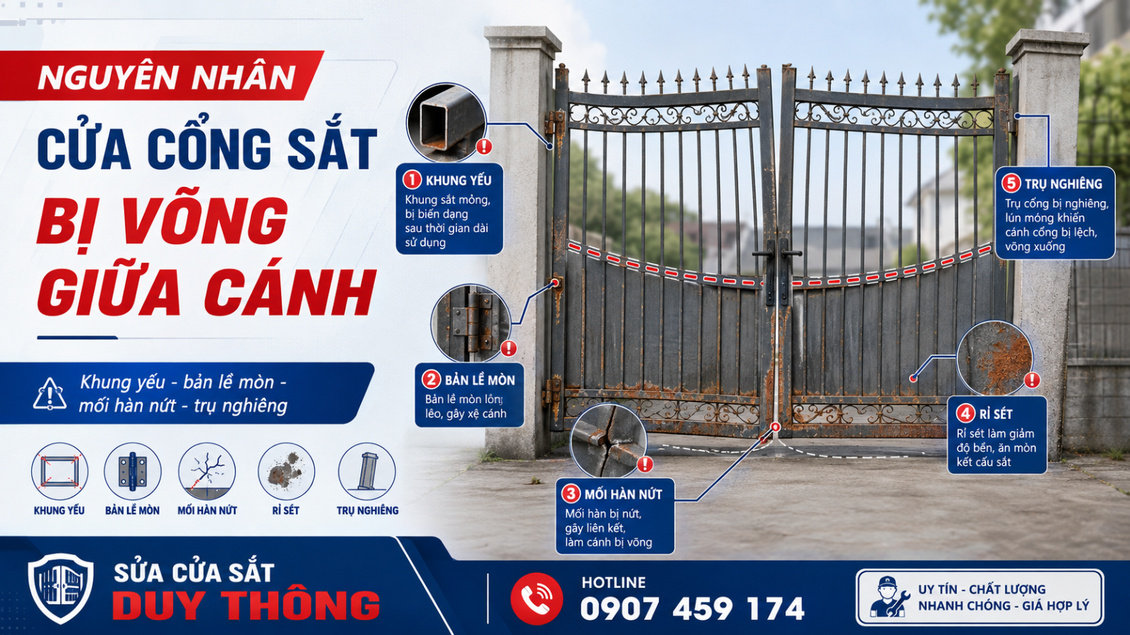 cửa cổng sắt bị võng giữa cánh
