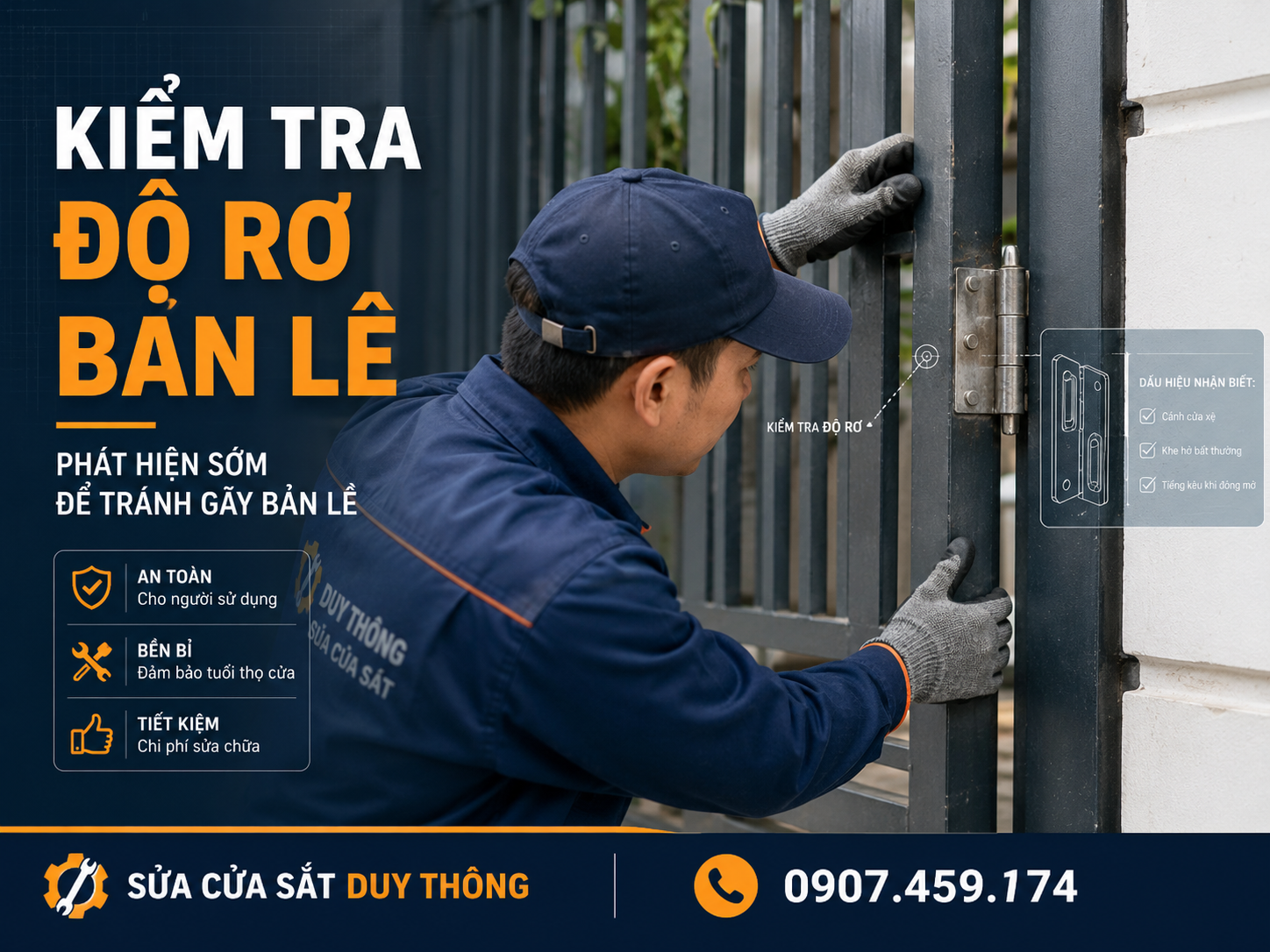 Kiểm tra độ rơ của bản lề cửa sắt tại nhà