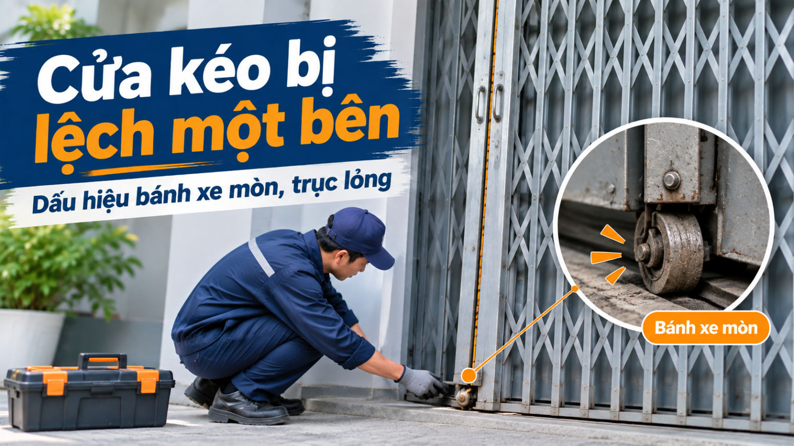 Bánh xe cửa kéo mòn lệch làm cửa chạy nghiêng