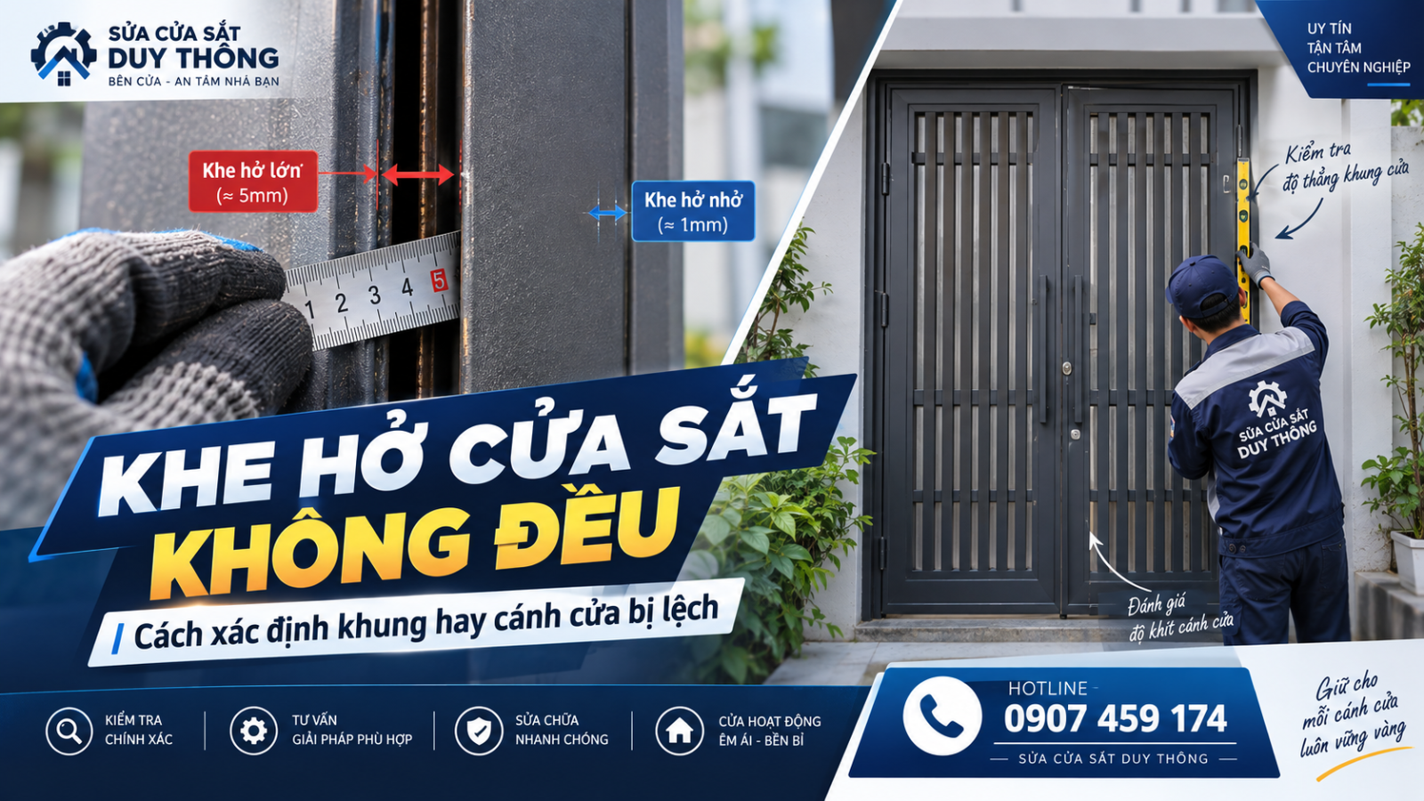 Kiểm tra khe hở giữa khung và cánh cửa sắt bị lệch