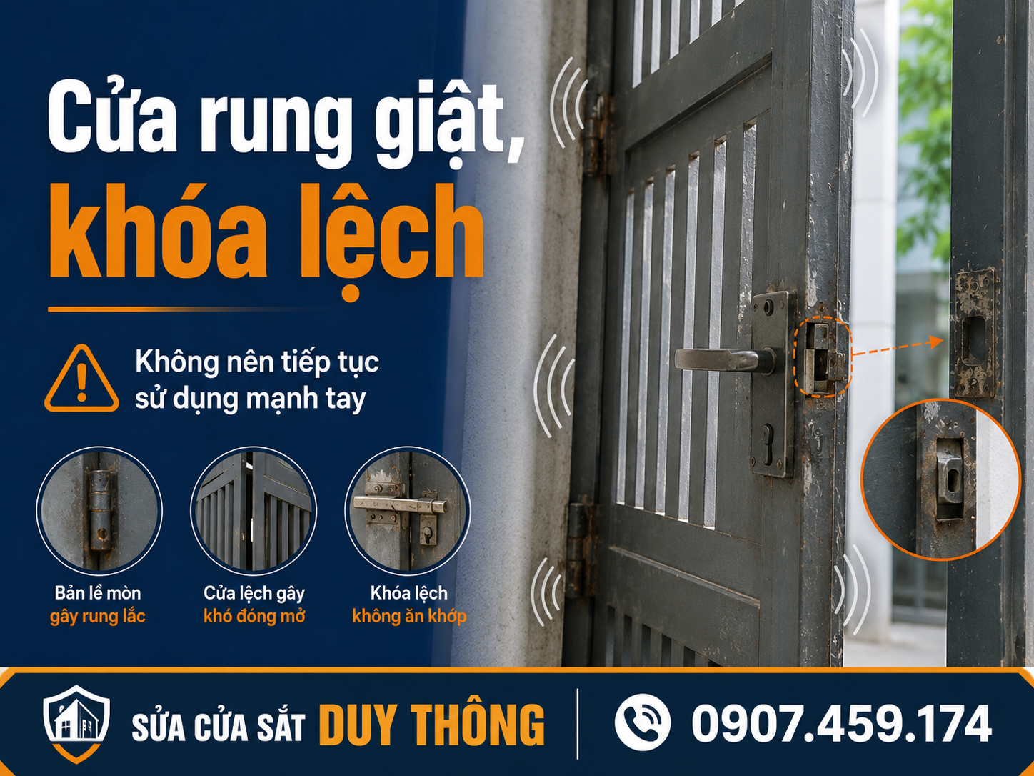Cửa sắt rung giật và khóa lệch do bản lề bị rơ