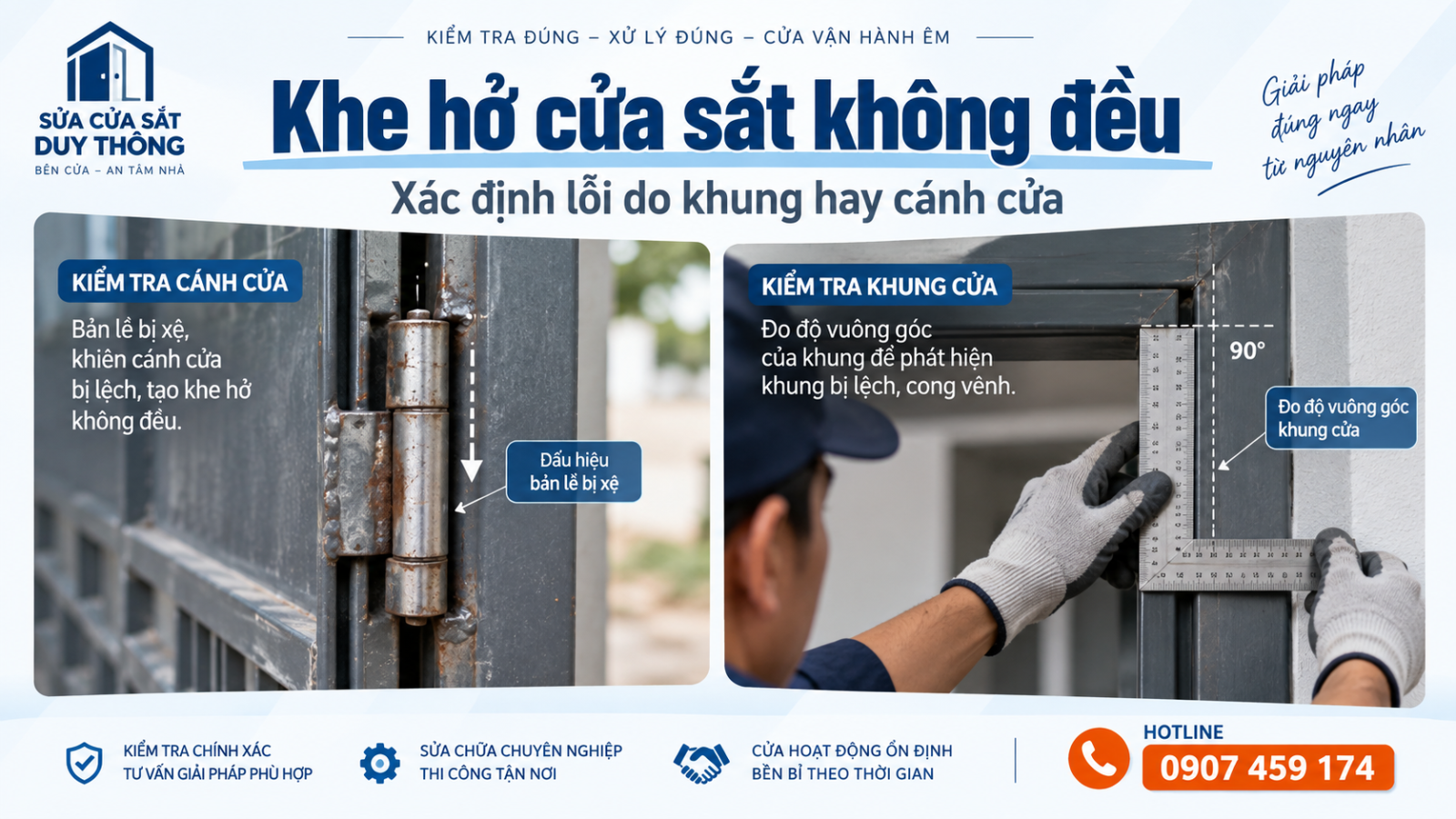 Thợ kiểm tra bản lề và cánh cửa sắt bị xệ tại nhà