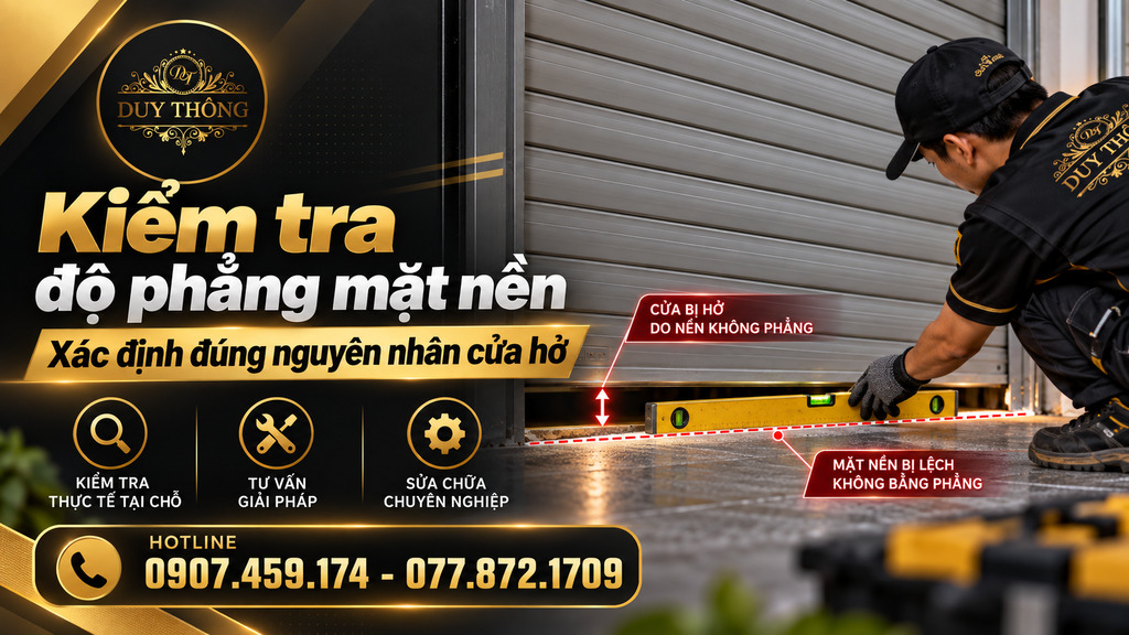 Kiểm tra độ phẳng mặt nền phía dưới cửa cuốn