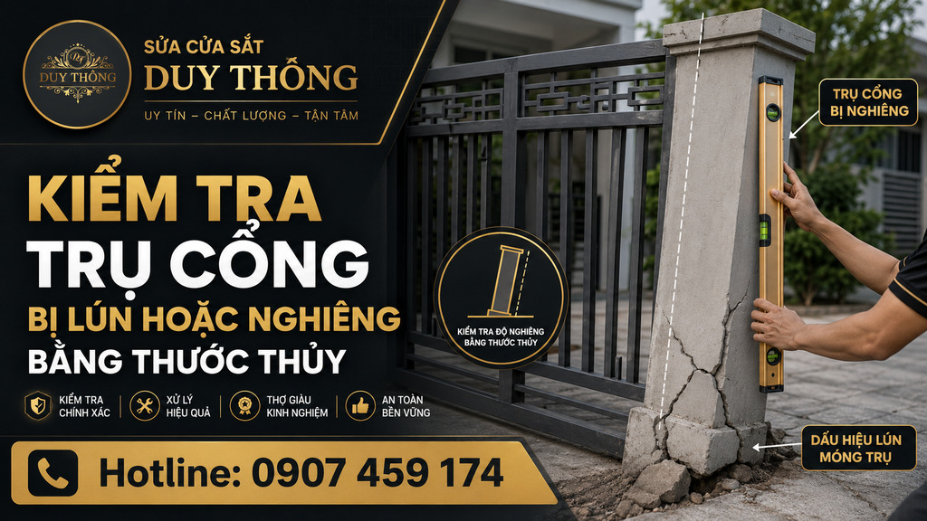 Kiểm tra trụ cổng bị lún hoặc nghiêng bằng thước thủy