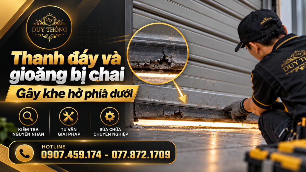 Thanh đáy và gioăng cửa cuốn bị chai gây khe hở phía dưới