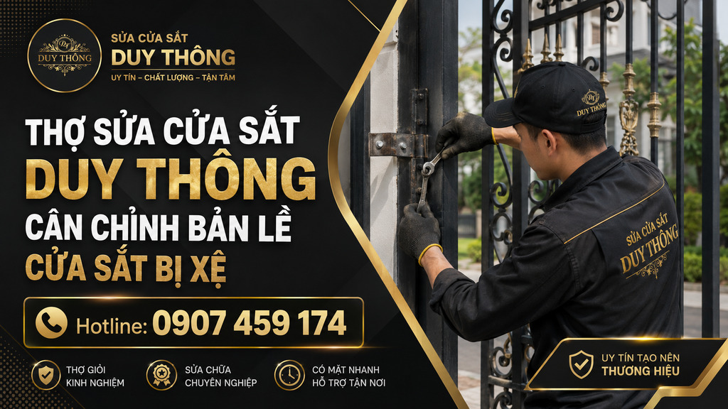 Thợ Sửa Cửa Sắt Duy Thông cân chỉnh bản lề cửa sắt bị xệ